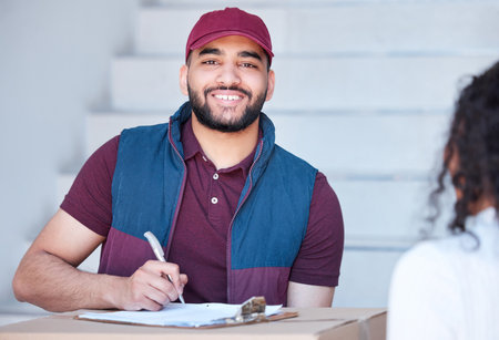 Its quick and easy. Cropped portrait of a handsome young male courier delivering a package to his...