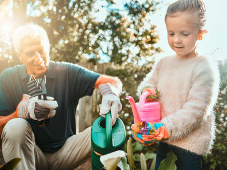 There are no gardening mistakes, only experiments. Shot of an adorable little girl gardening with her grandfather.の写真素材