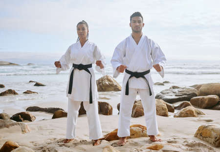 Once a kata has been learned, it must be practiced repeatedly. Portrait of two young martial artists...