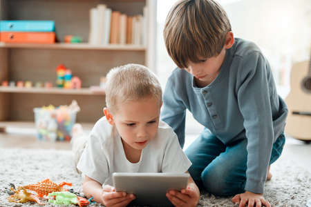 The most important thing in the world is family. two brothers using a tablet at home.