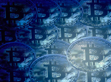 The profits keep piling up. Conceptual image of a bunch of bitcoin against a blue background.