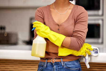 A clean home is a healthy home. a woman holding cleaning supplies in her kitchen.の写真素材