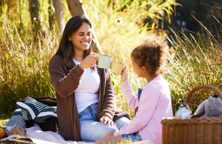 Cheers. an adorable little girl and her mother toasting during a picnic in the park.の写真素材