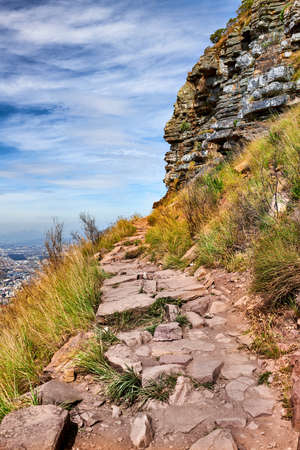 Mountain trails on Lions Head, Table Mountain National Park, Cape Town, South Africa. A famous...