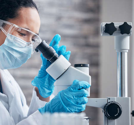 Notices the changes as they appear. a young scientist using a microscope in a lab.