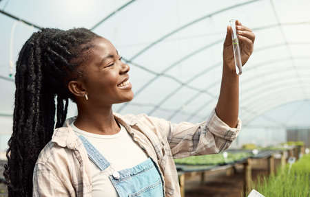 Botanist looking at a plant sample. Young farmer holding a test tube sample. Farmer holding chemistry plant sample. Happy farmer looking at research plant sample. Farmer working in botany.の写真素材
