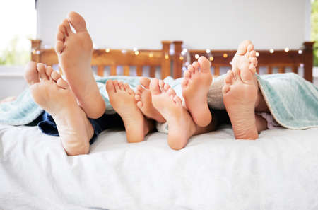 Feet of family lying in bed. Closeup of feet of parents and children in bed. Family relaxing in bed together. Below bare feet of family in bed. Kids resting in bed with their parentsの写真素材