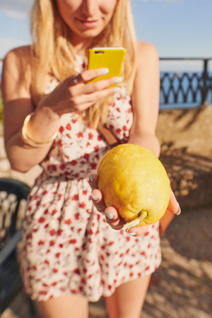 Look at the size of this citron. an unrecognisable woman standing alone and using her cellphone to photograph a citron in Italy.の写真素材