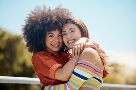 Portrait of two young mixed race female friends embracing each other and smiling outside on a sunny day. A Beautiful gay hispanic woman with a cool afro hair style showing affection by hugging her giの写真素材