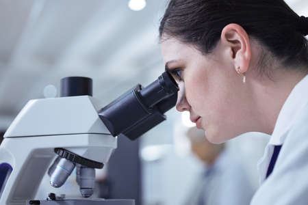 The most important discovery of her time. a young female lab tech using her microscope.の写真素材
