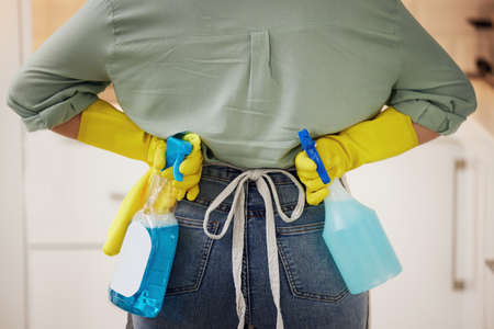 Urgh, look at this mess. a woman standing ready with cleaning supplies.の写真素材