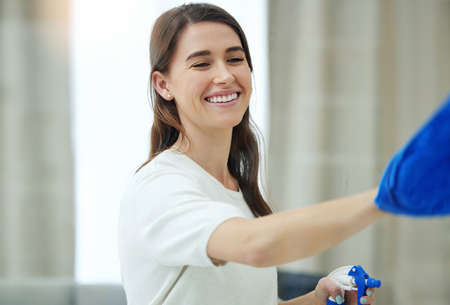 All in a days work. a young woman wiping the surfaces at home.