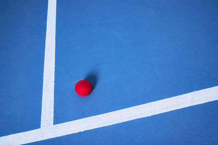 The ball is round, the game is long. one red tennis ball lying on a blue tennis court.の写真素材