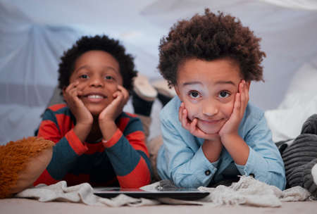 Brothers for life. two little brothers using a digital tablet together at home.の写真素材