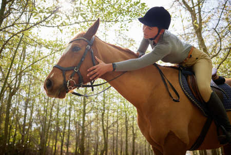 Youre such a good boy. an attractive young woman petting her horse during a ride in the forest.の写真素材