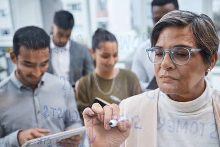 Her plans are guaranteed to work. a mature businesswoman writing notes on a glass screen while...