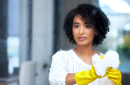 A clear surface is a clean surface. a young woman cleaning her windows.