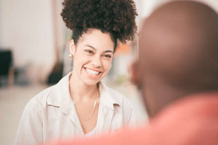 Face of woman on a date, meeting or chatting to a friend looking happy, cheerful and in love....