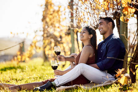 Dates with you is a picnic. a young couple having wine on a date on a wine farm.の写真素材