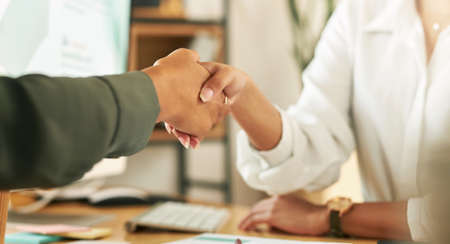 Im so glad youre finally here. two businesswoman shaking hands in greeting.