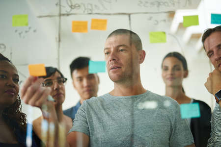 Business teamwork meeting using notes to brainstorm and work together. Casual workplace team...