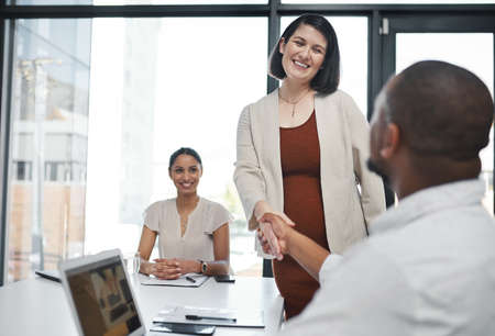 Big transformations are about to begin. a pregnant young businesswoman shaking hands with a...