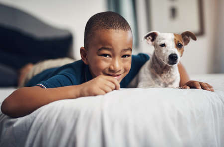 My four legged friend is my best friend. an adorable little boy playing with his pet dog on the bed at home.の写真素材