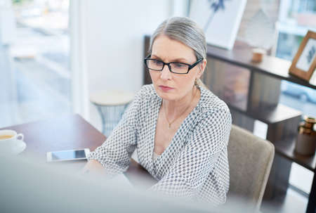 Focused on bringing perfection into her work. a mature businesswoman working on a computer in an office.の写真素材