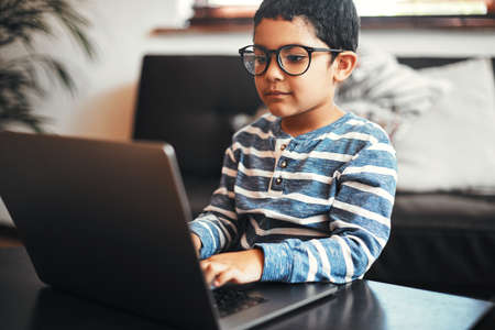 Growing up to become one smart kid. an adorable little boy using a laptop at home.の写真素材
