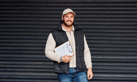 Working hard to deliver an efficient service. Portrait of a courier holding a clipboard.の写真素材