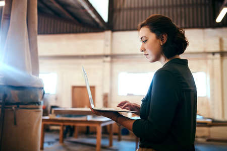 Im ready to build my clients design. a female carpenter using a laptop in her workshop.の写真素材