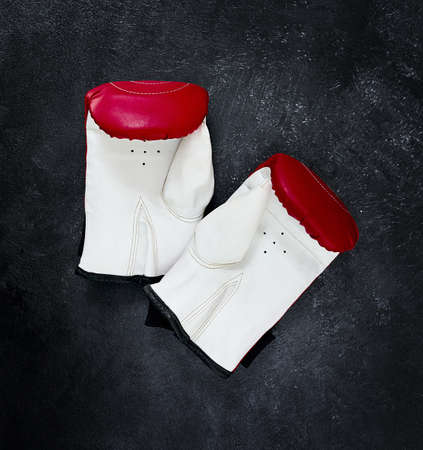 You want to fight me. High angle shot of a pair of boxing gloves placed together on top of a dark background inside of a studio.の写真素材