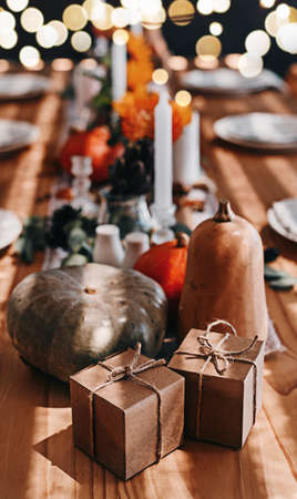 A time of togetherness and thanks. a table set up for a Thanksgiving celebration at home.の写真素材