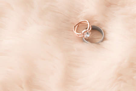 Two lives, one love. two wedding rings on a furry background.の写真素材