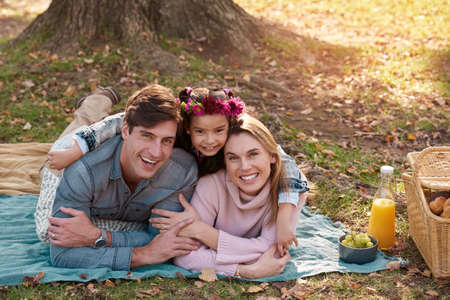 Fun is all in the family. a happy young family enjoying a picnic in the park.の写真素材