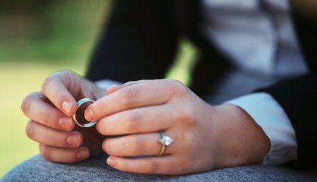 So much sadness in a single ring. Closeup shot of an unrecognizable businesswoman holding a wedding ring while sitting in a public park.の写真素材