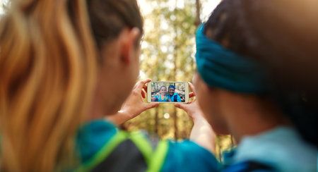 Selfie for the progress. two sporty young woman taking pictures while out in nature.の写真素材