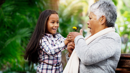 Shes so sweet and caring. an adorable little girl giving her grandmother a flower in the park.の写真素材