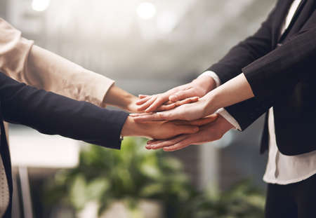 Hands, unity and support in the business office while motivating each other showing support and togetherness. Team of businesspeople in a circle and celebrating their success together at workの写真素材