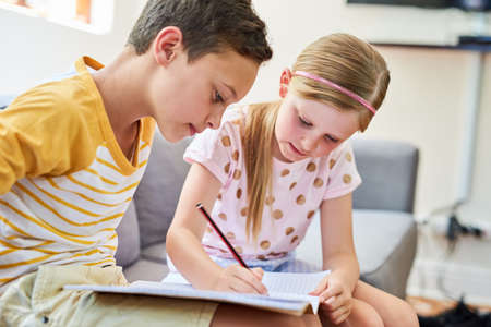 Together brother we can complete this task. Cropped shot an adorable brother and sister doing schoolwork together on the sofa at home.の写真素材