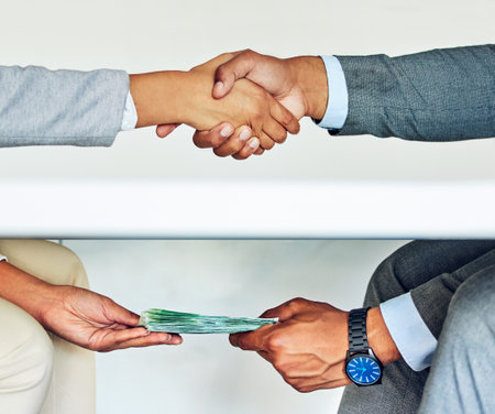 . Bribe, illegal deal and money laundering businessmen doing handshake agreement during corrupt business meeting or unethical exchange. Corporate man bribing or soliciting influence with cash.の写真素材