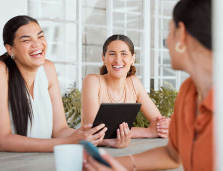 People, team and communication of friends having a social media collaboration at work. Happy, smile...