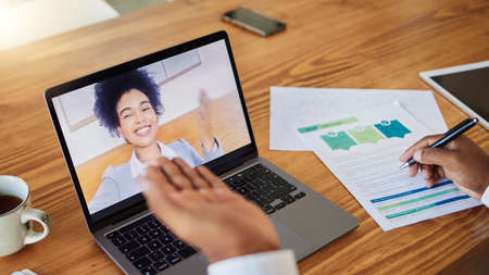 Business people in a video call strategy, planning and finance meeting on a laptop. Corporate...