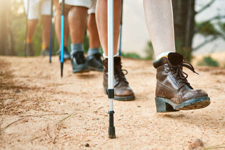 . Group of hikers hiking with walking sticks on a trail outdoors in nature for fitness. Fit, active and sporty people on an adventure. Adult friends taking a stroll for exercise and health.の写真素材