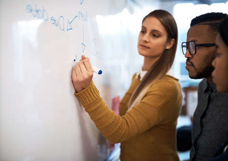 Brainstorming helps come up with great ideas. a group of students brainstorming at a whiteboard in class.の写真素材