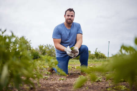 Farmer planting, growing and holding crops, plant and agriculture in environment, organic garden and sustainability field. Portrait of man and farm worker caring for future of nature conservationの写真素材