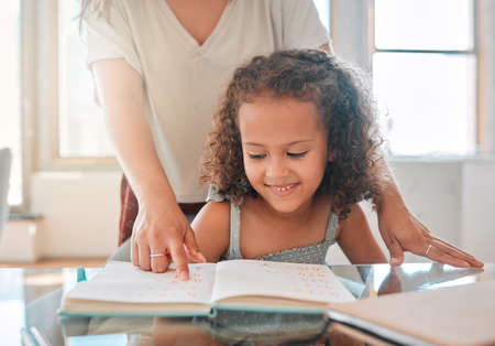 Homework, support and mother with girl student teamwork, education and learning kindergarten school...