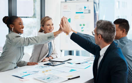 High five, success and motivated business group celebrating innovation deal, promotion or profits....
