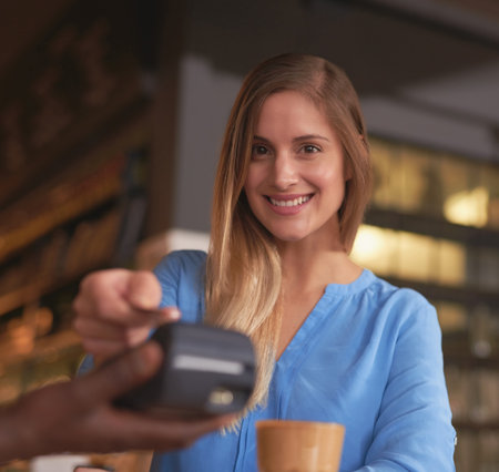 I always include a generous tip. Cropped portrait of an attractive young woman making payment in a coffee shop.の写真素材