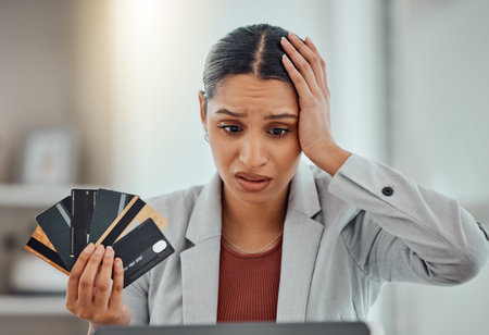 Finance, debt and credit with a business woman suffering from worry, stress and anxiety of inflation in the economy. Young female holding bank cards and having problems while trying to pay an accountの写真素材